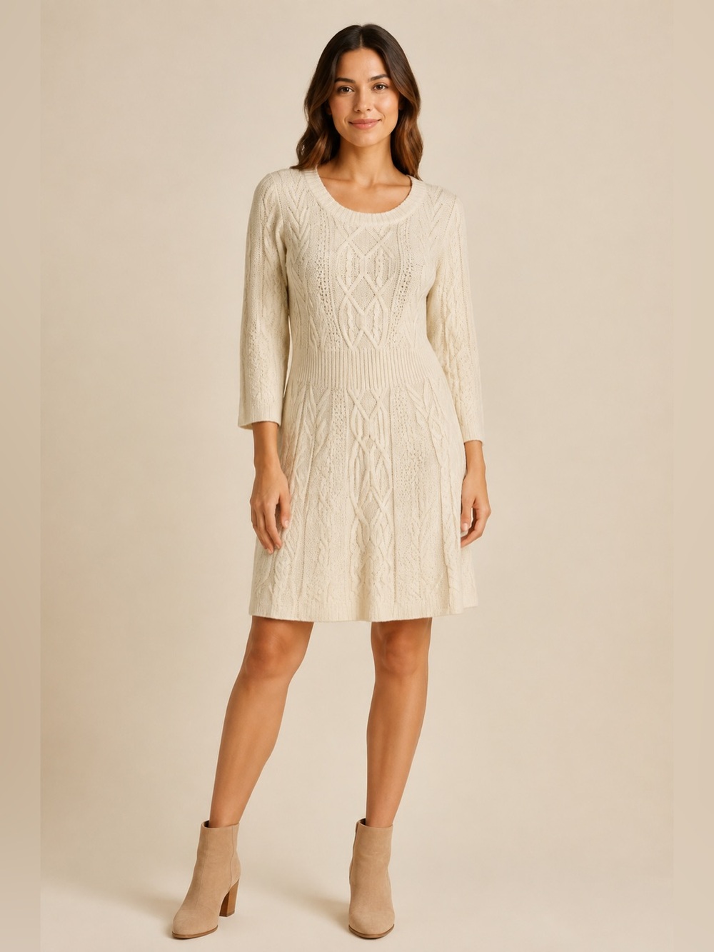 NWT MAK Oatmeal Cable Knit 3/4 Sleeve Sweater Dress Size M